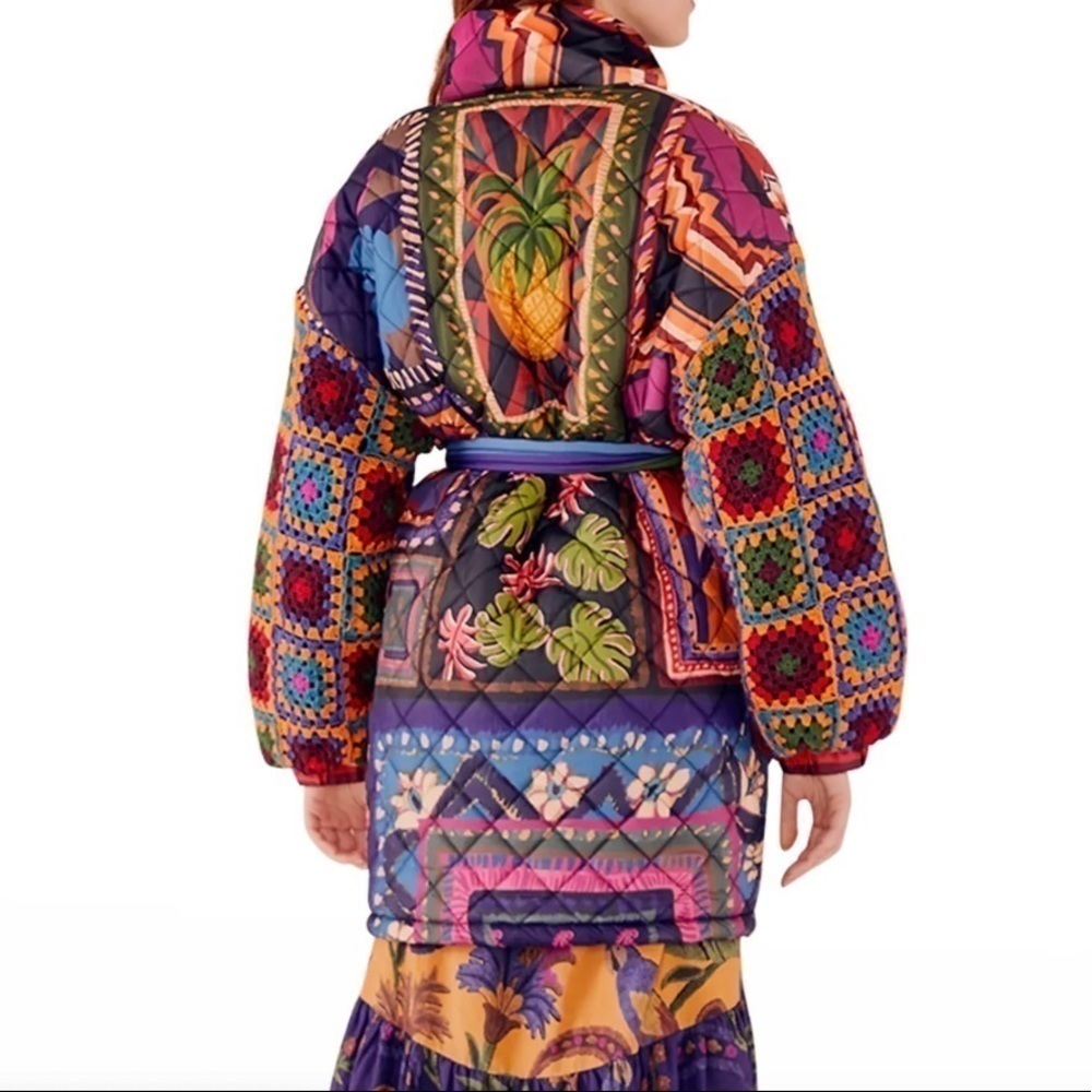 FARM RIO Patchwork Tapestry Crochet-Sleeve Puffer Jacket - Picture 3 of 14